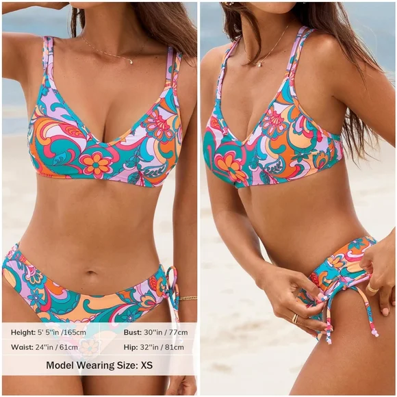 NWT Cupshe Floral Paisley Strappy Two Piece Low Rise Bikini Swimsuit Bathing L - Picture 3 of 14